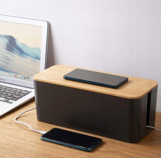 Organizer na kable z pokrywą bambusową, czarny