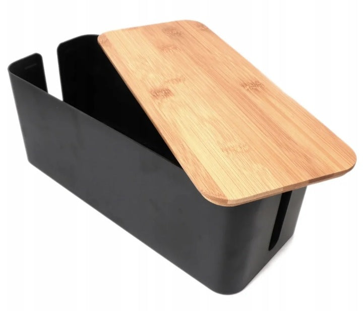 Organizer na kable z pokrywą bambusową, czarny