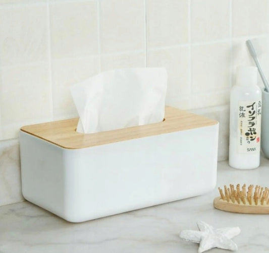 Pudełko na chusteczki z pokrywą bambusową, białe