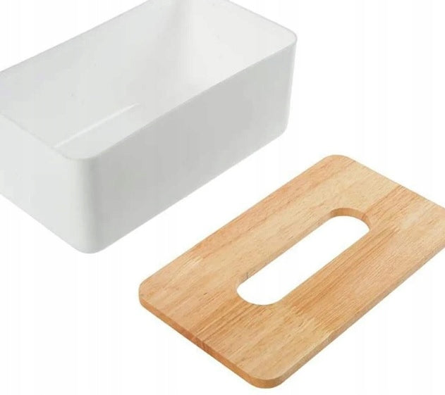 Pudełko na chusteczki z pokrywą bambusową, białe