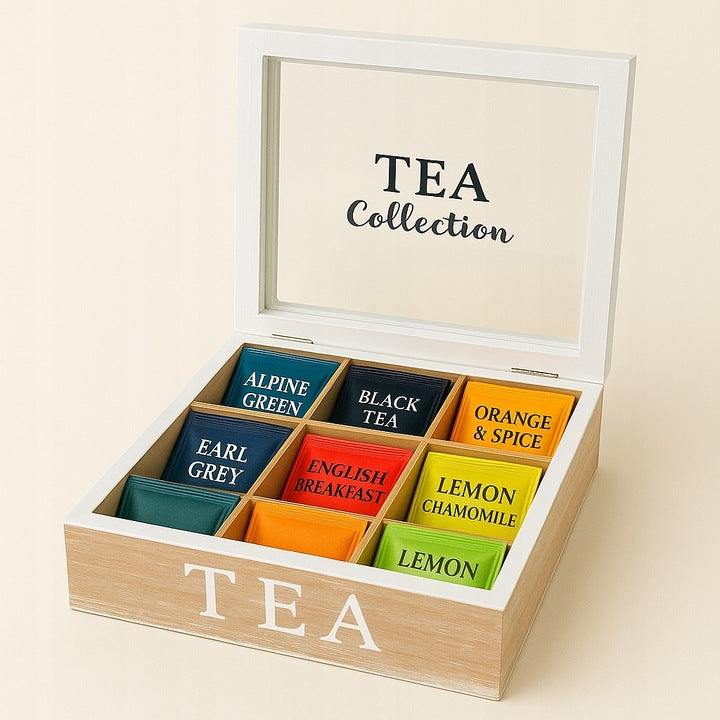 Skrzynka na herbatę herbaciarka 9 przegródek, biała