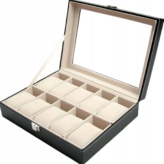 Elegancki organizer na zegarki z poduszkami, na 10 sztuk, czarny