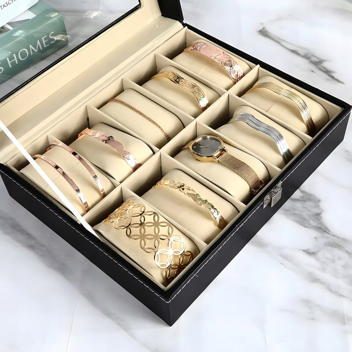 Elegancki organizer na zegarki z poduszkami, na 10 sztuk, czarny