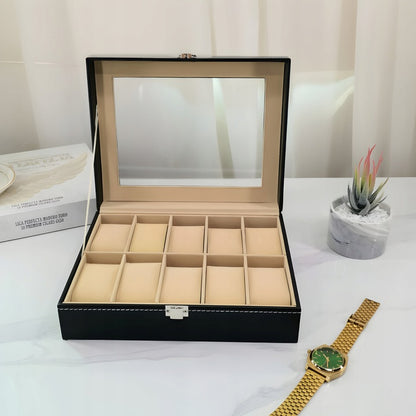 Elegancki organizer na zegarki z poduszkami, na 10 sztuk, czarny