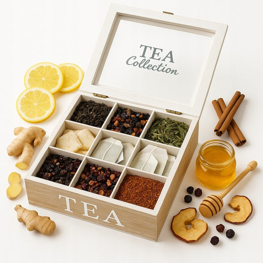 Skrzynka na herbatę herbaciarka 9 przegródek, biała